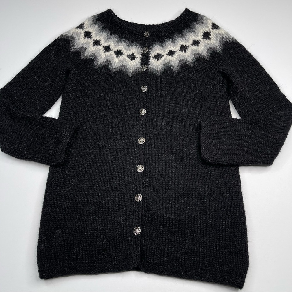 Fair Isle Cardigan Sweater Hand Knit Iceland Wool Black Grey Fisherman Apres Ski